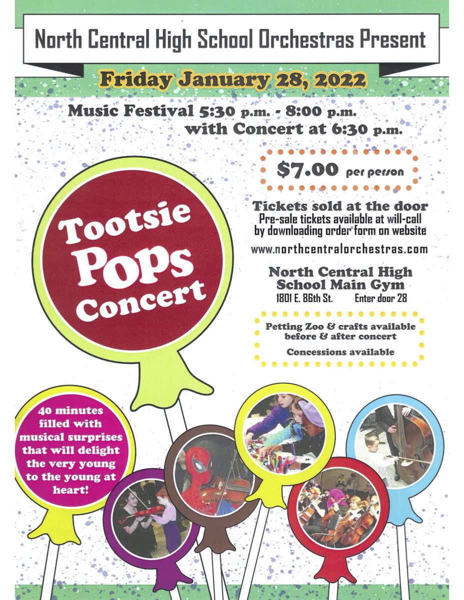 Here's a fun family event taking place this Friday at North Central   - the annual Tootsie Pop 🎻 Music Festival.  There will be 🎵 music, crafts &amp; possibly some dancing 🕺🏽!  Masks required.