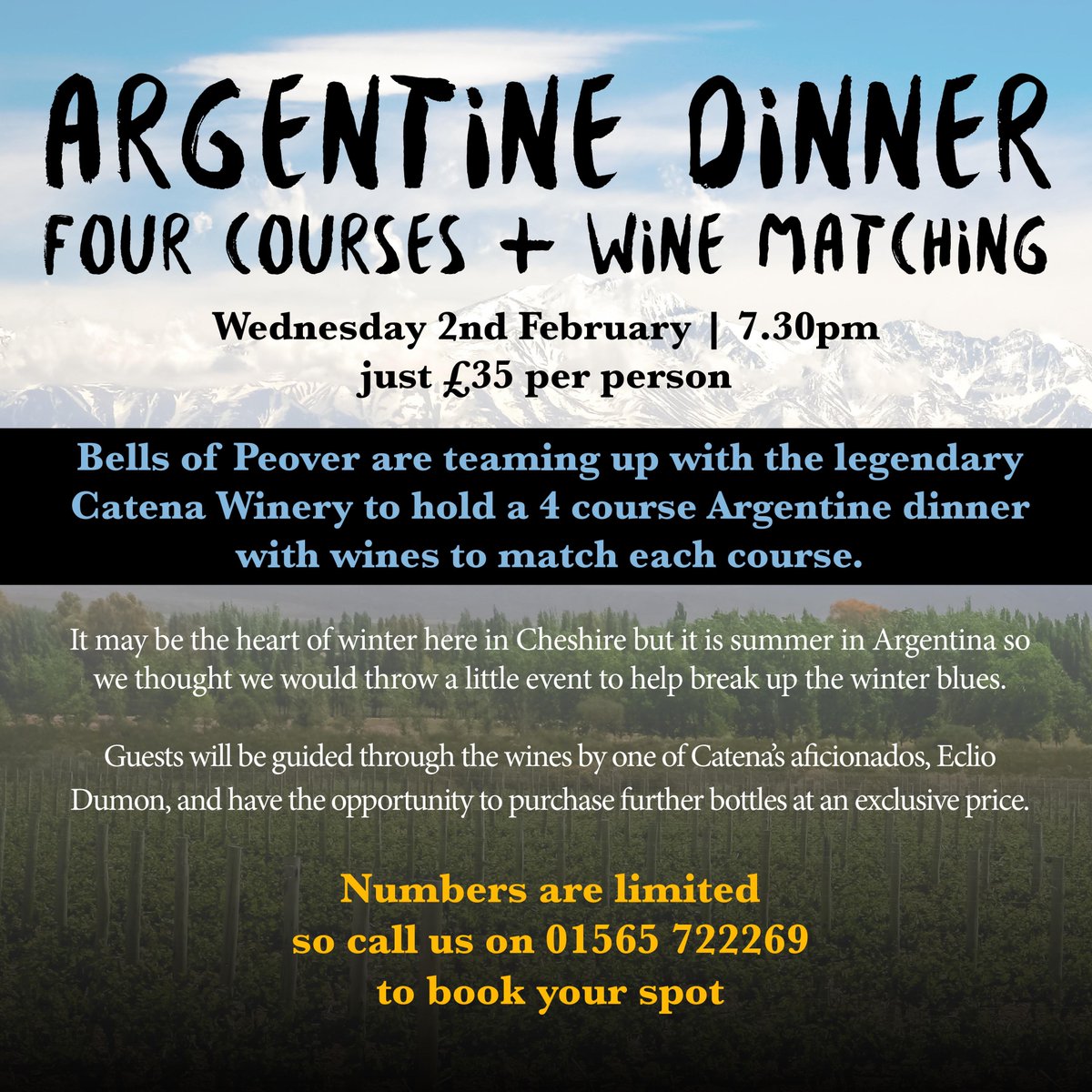 Fancy an evening of dinner and wine matching at @bellsofpeover? Well, you're in luck! Enjoy a fun-filled evening on Wednesday 2nd February where you will be guided though the wines by one of Catena's aficionados, Eclio Dumon. Call the pub on 01565 722269 to book your spot!
