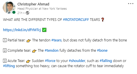 drchrisahmad's tweet photo. Are there different types of #RotatorCuff #tears❓
What are they❓ What causes them ❓
Find Out Here: https://t.co/bfcoGqdQN0 ✅
@OrthoColumbia @nyphospital
#shoulder #shoulderpain #shouldersurgery #shoulderdoctor #pain #orthopedics #tendons #impingement #skill ⭐️⭐️⭐️⭐️⭐️ https://t.co/GTYSYdhhBD