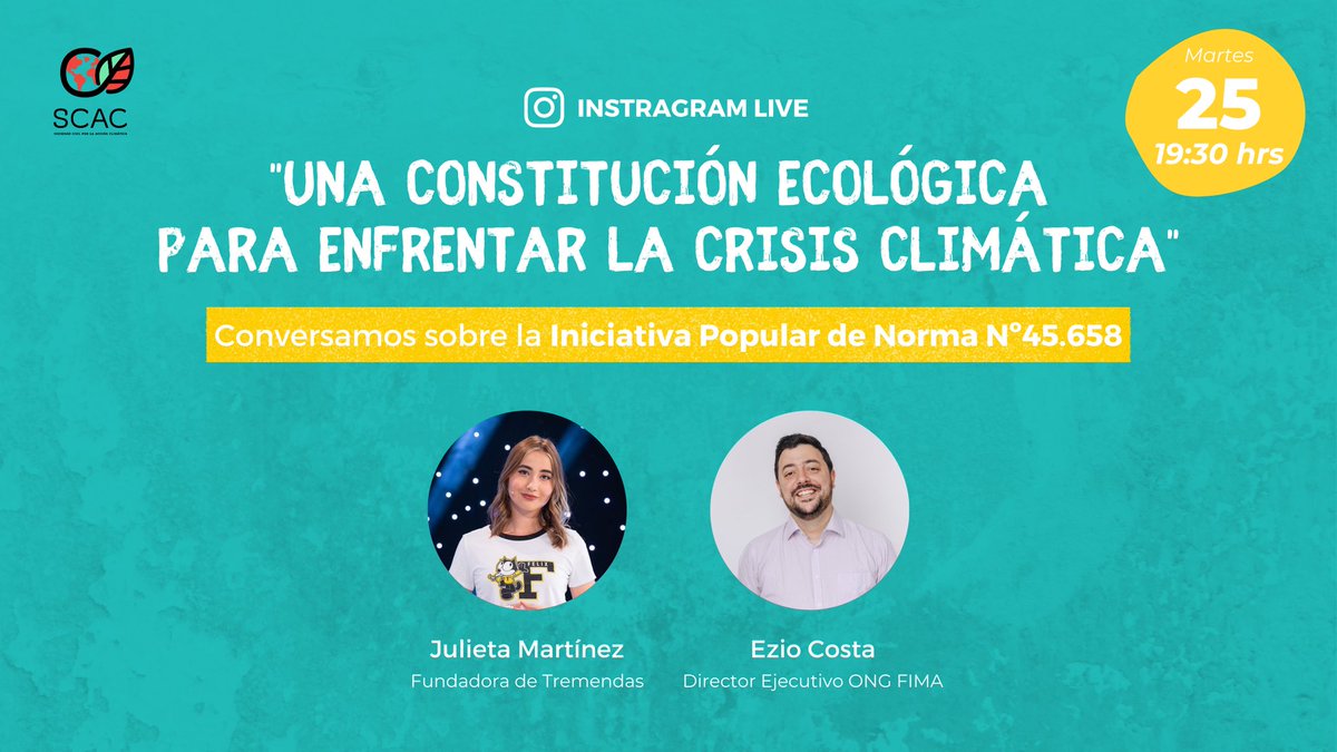 ¡HOY tenemos Live 📣!

➡️ ¿Qué dice y por qué es importante la IPN por una Constitución Ecológica de la SCAC?

🌿 Conversamos sobre esto con <a href="/JuAMartinezO/">Julieta Martínez</a>, fundadora de <a href="/TremendasCL/">TREMENDAS</a>, y <a href="/eziocosta/">Ezio CostaCordella</a>, Director Ejecutivo de <a href="/FIMA_Chile/">ONG FIMA</a>

⏰ 19:30 hrs

📲 Instagram Live @scac_chile
