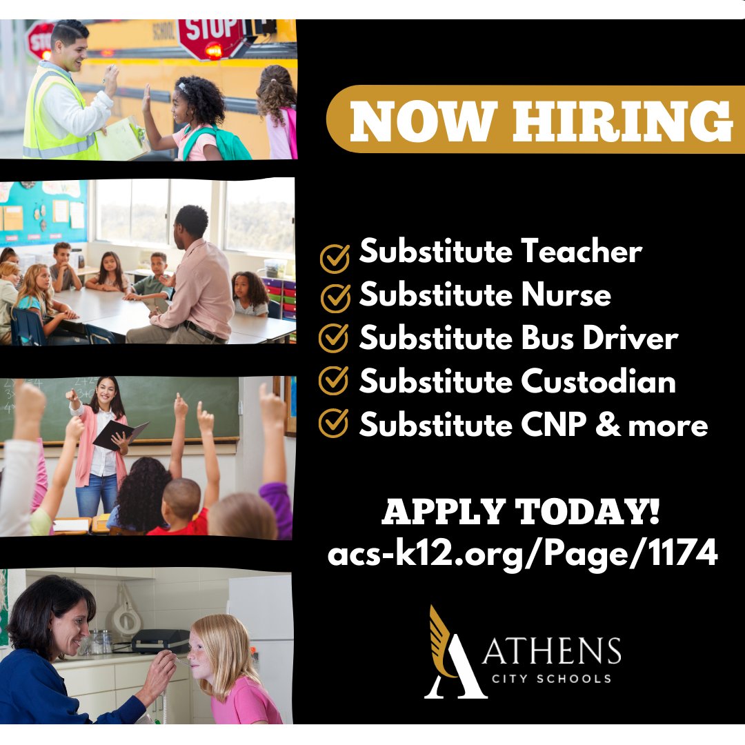 AthensALSchools's tweet photo. JOIN THE #ACSFAMILY If you are looking for a job that is both flexible and rewarding, consider applying for a substitute position at Athens City Schools. Learn more at https://t.co/xWbpmEOMAv. #oneAthens https://t.co/KynJ73uu4N