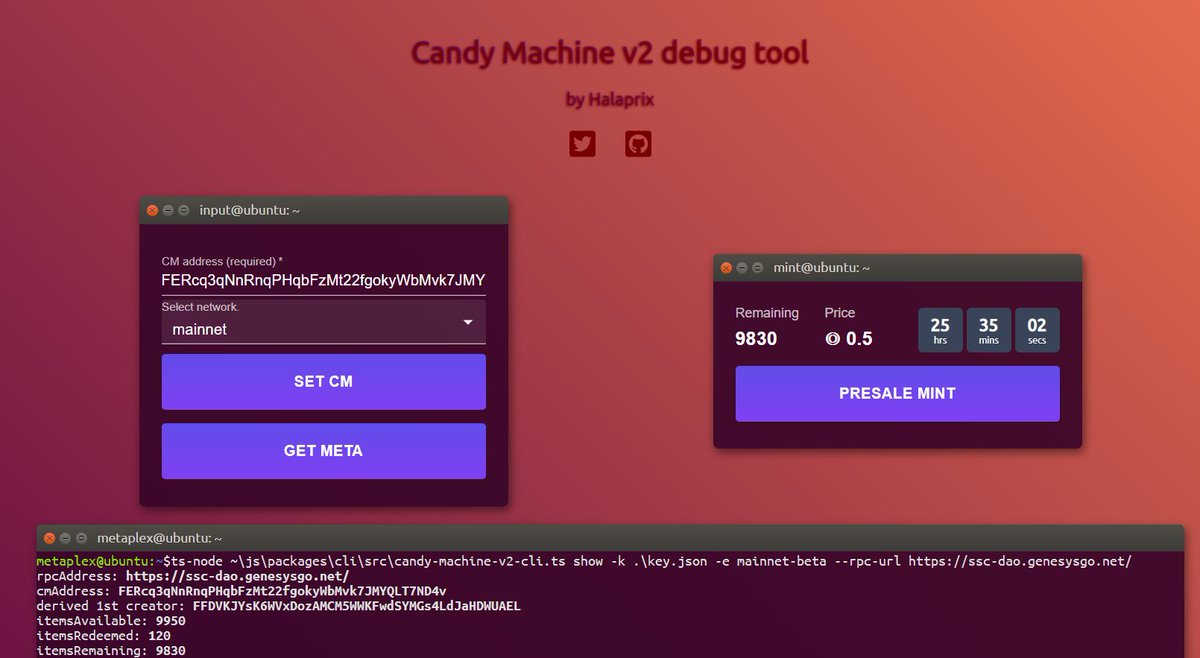 Need a Candy Machine v2 debug tool ? Look no more ;)

candyshop.halaprix.com

input your CM address and:
- check your onchain settings
- check the mint button
- check your metadata and images stored in onchain config
- more to come

<a href="/metaplex/">Metaplex</a> #Solana #solananft