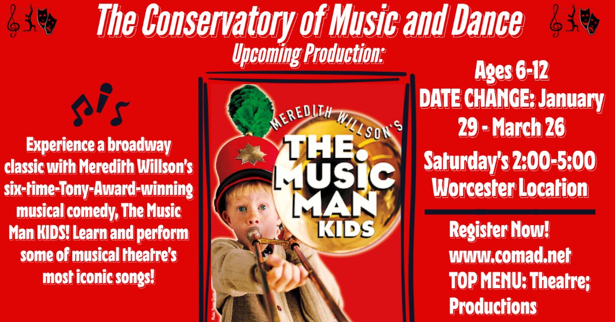 "MUSIC MAN KIDS". Starts this weekend!  Ages 6-11-Hurry and Register
conta.cc/3H0NZDZ