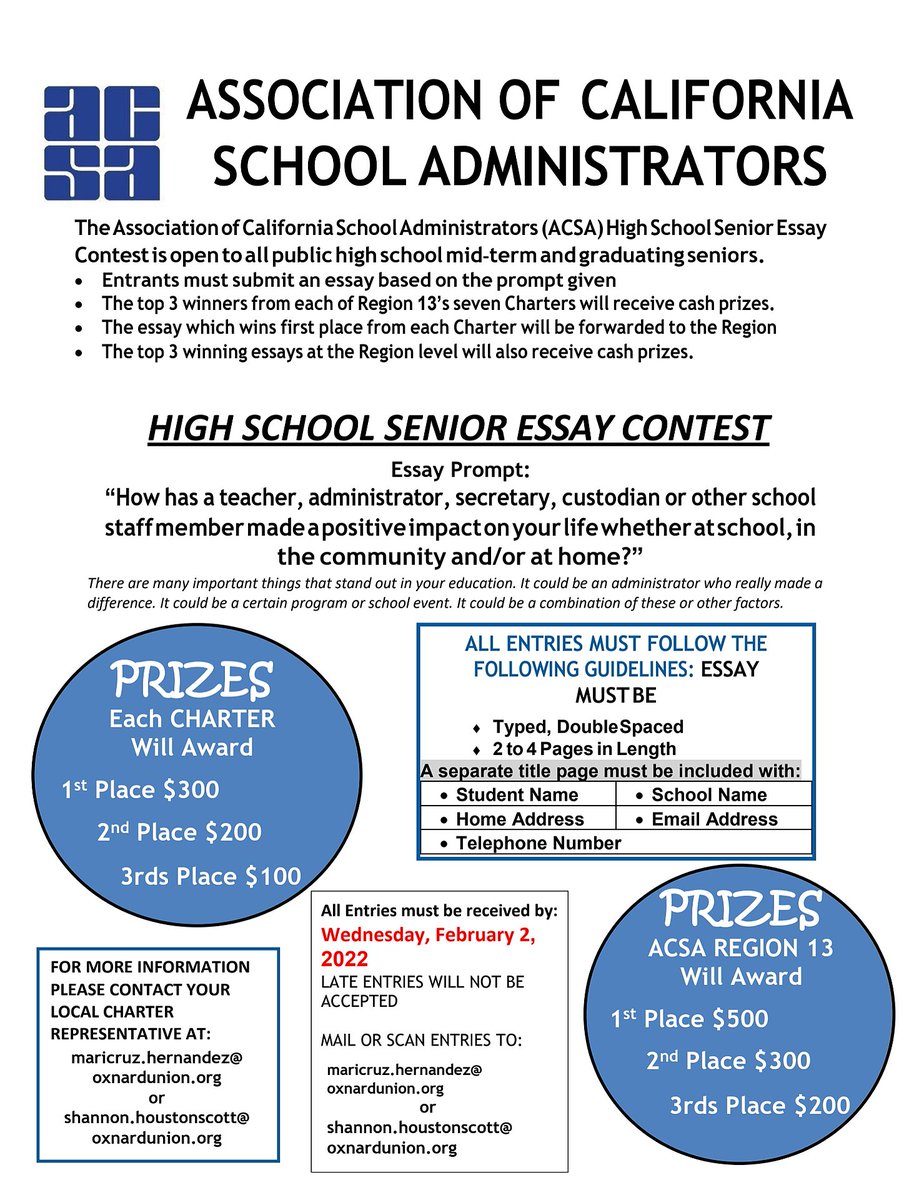 💰💥 Attention All Seniors.......
The Association of California School Administrators (ACSA) High School Senior Essay Contest is now open! All entries must be received by Wednesday, Feb. 2nd.

#WeAreOxnardUnion