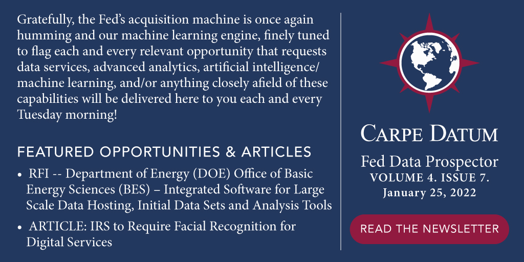 Caskin_MPC9's tweet photo. Stay up to date on the latest federal opportunities and industry news with Carpe Datum's Federal Data Prospector Weekly Newsletter. https://t.co/klbmjN5Qac #fedopps #fedbiz #govbiz #govnews #newsletter #data https://t.co/6qyL9JFJEv