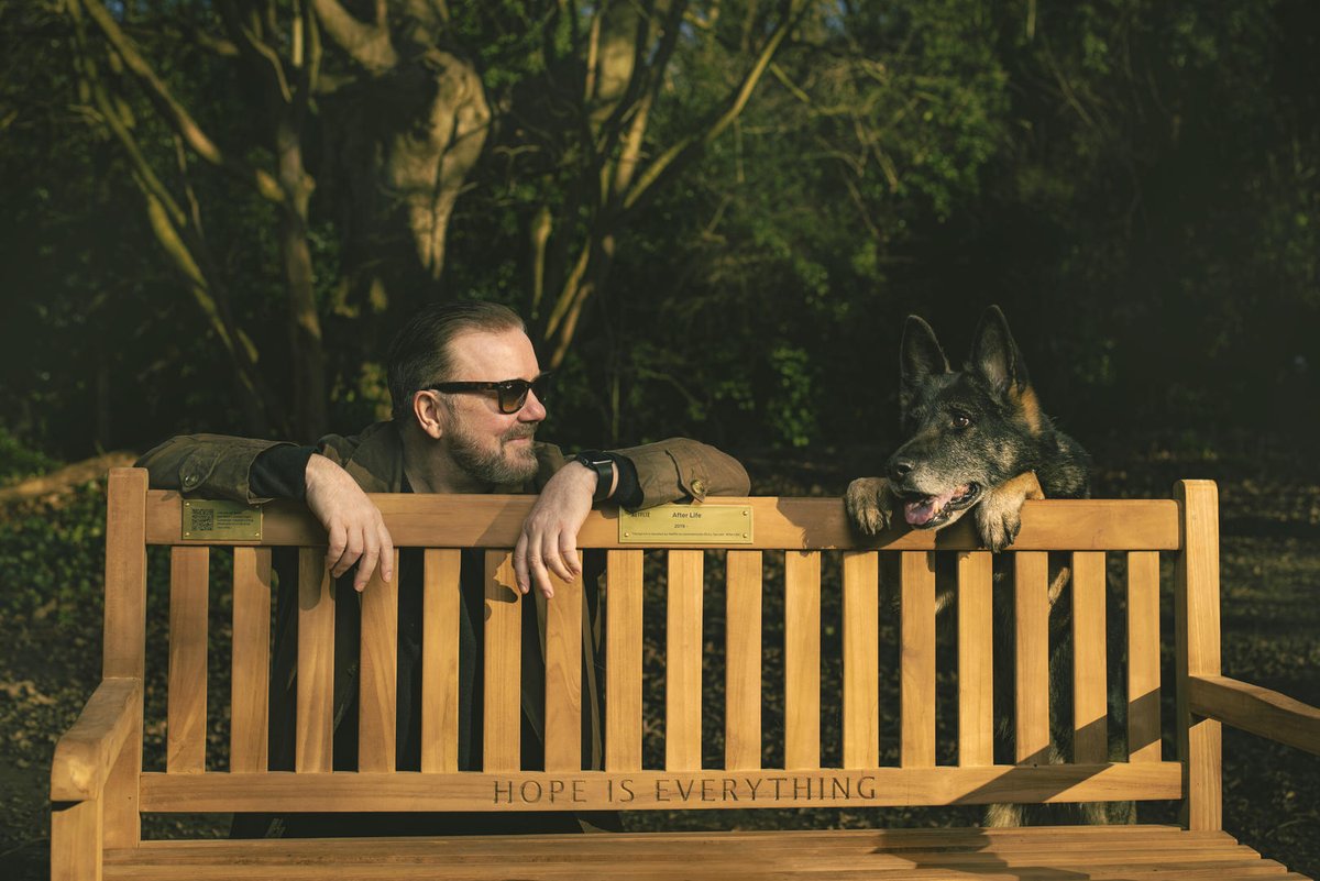 rickygervais's tweet photo. Thanks for all your selfies on the #AfterLife benches around the UK. Heartwarming ❤️ #HopeIsEverything https://t.co/ca5Vwzliud