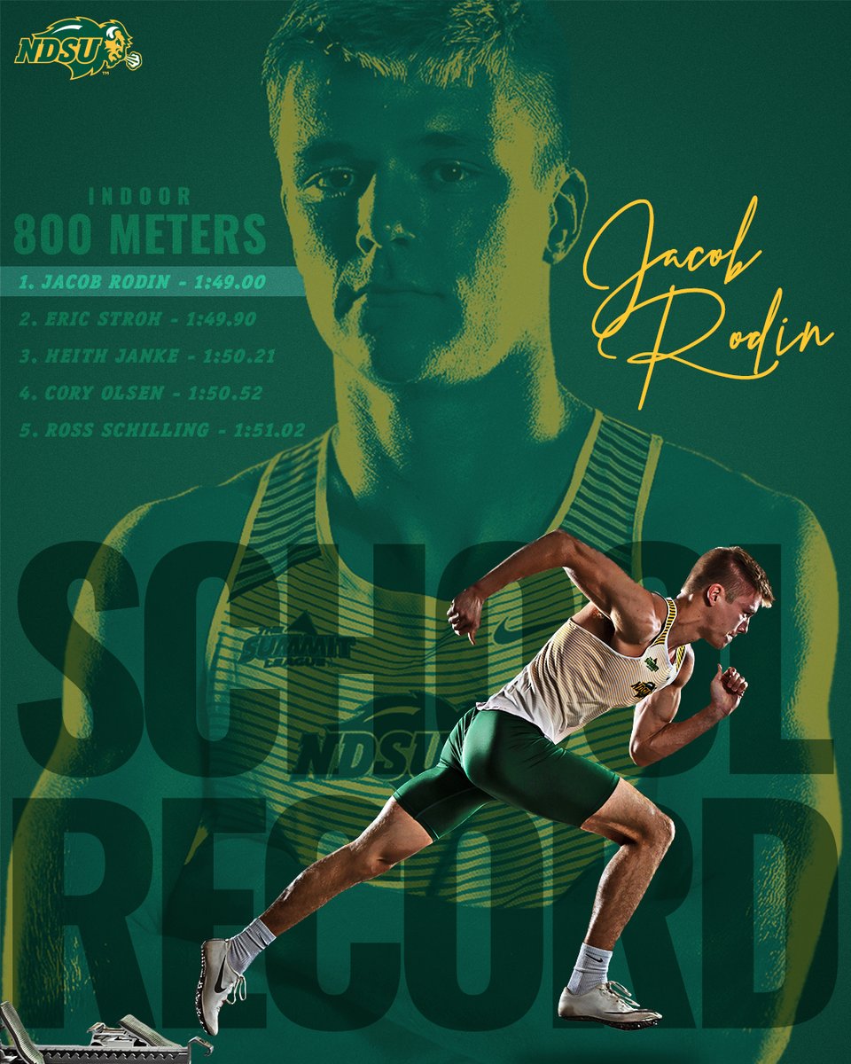 NDSUTrackField's tweet image. 💥 𝐒𝐂𝐇𝐎𝐎𝐋 𝐑𝐄𝐂𝐎𝐑𝐃 💥

ICMYI: This past weekend Jacob Rodin set a new NDSU all-time best of 1:49.00 in the 800m, ranking 11th in the nation this season. He broke the previous indoor school record of 1:49.90 set by Eric Stroh in 2011.