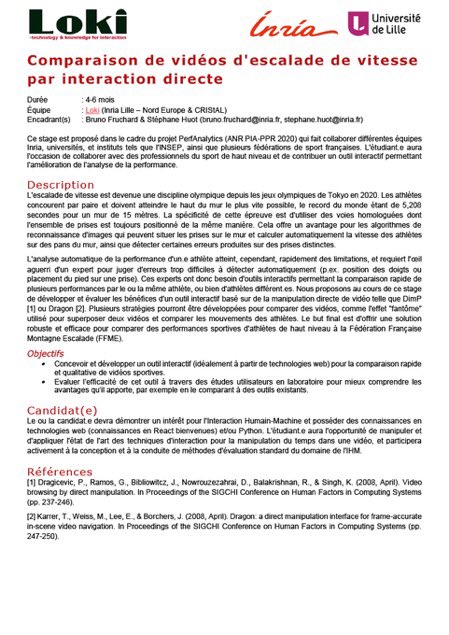 PerfAnalytics24's tweet image. 🚨 PerfAnalytics recrute 🚨 

L’équipe Inria Loki (Lille) propose deux stages de recherche en interaction humain-machine sur :
1) la manipulation directe de vidéo 📹 
2) l’analyse de catégorisations d’images 🎞 automatique 

⬇️ Toutes les informations ⬇️