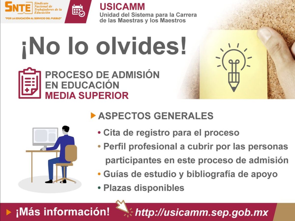 jalfa21's tweet photo. En el Colegiado Nacional de Profesionalización Docente, Desarrolló Educativo y Fomento Cultural del SNTE. Te brindamos apoyo para los procesos de admisión en Educación Media Superior 

Te informa sobre los procesos de admisión establecidos por la autoridad educativa 

!Participa! https://t.co/w8CagNZa9W