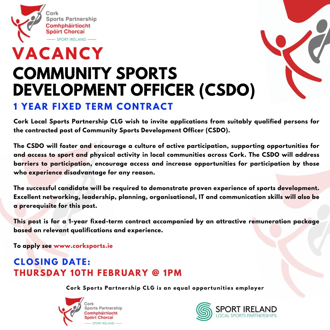 CorkSports's tweet photo. @CorkSports is currently accepting applications from suitably qualified candidates for 2 roles within the organisation. 

▶️ Community Sports Development Officer (CSDO) 

▶️ Financial Administrator 

Details of both roles &amp; how to apply are available at https://t.co/PJpLds7Z7x https://t.co/HyAoeK6zLB