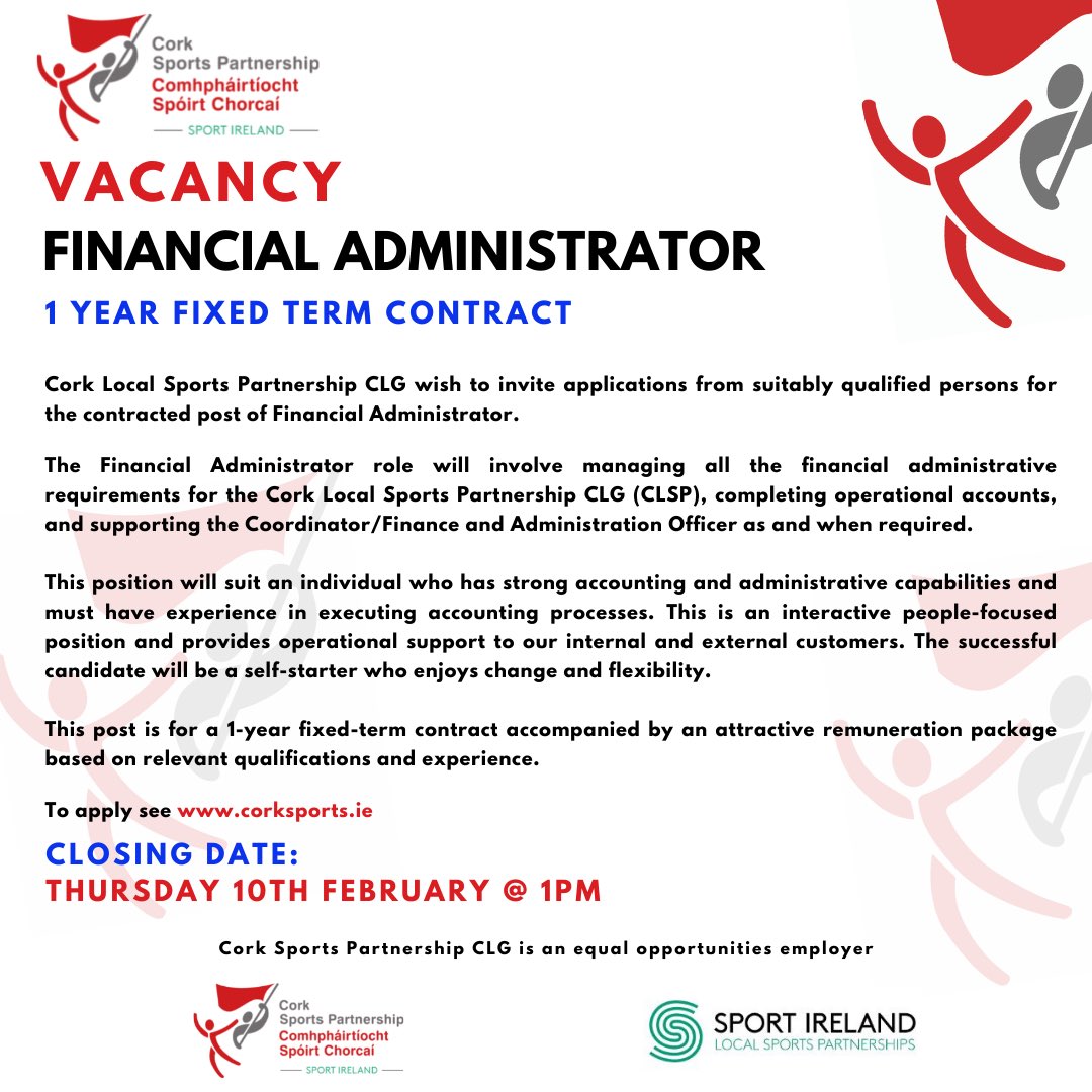CorkSports's tweet photo. @CorkSports is currently accepting applications from suitably qualified candidates for 2 roles within the organisation. 

▶️ Community Sports Development Officer (CSDO) 

▶️ Financial Administrator 

Details of both roles &amp; how to apply are available at https://t.co/PJpLds7Z7x https://t.co/HyAoeK6zLB