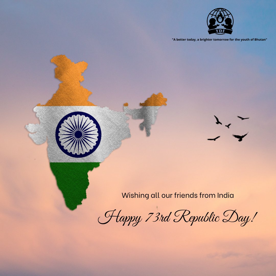 BhutanYdf's tweet photo. Our warmest felicitations to the government of India and all our friends from India on the happy occasion of the 𝟕𝟑𝒓𝒅 𝑹𝒆𝒑𝒖𝒃𝒍𝒊𝒄 𝑫𝒂𝒚🇮🇳

𝑯𝒂𝒑𝒑𝒚 𝑹𝒆𝒑𝒖𝒃𝒍𝒊𝒄 𝑫𝒂𝒚!

Long live the Indo-Bhutan 🇧🇹🇮🇳 Friendship!
#RepublicdayofIndia
#IndoBhutanFriendship https://t.co/COfbNWp7IX