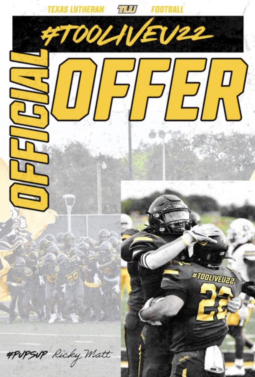 After a great conversation with <a href="/coachdracos/">Coach Tom Dracos</a> I’m blessed to say I have received my fifth offer from Texas Lutheran University <a href="/TLU_Football/">TLU Football</a> 🟡⚫️⚪️🟡⚫️⚪️