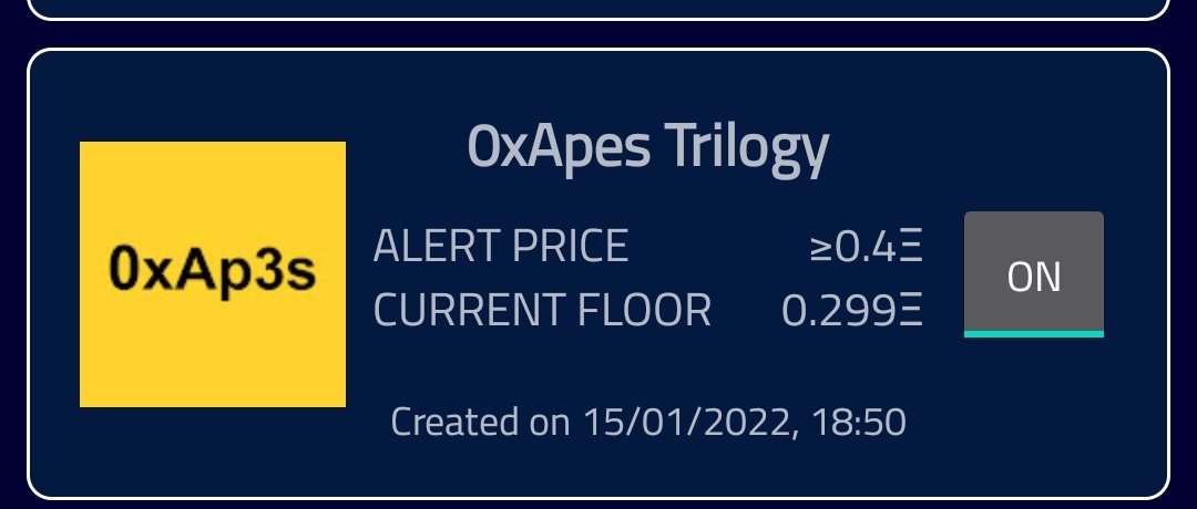 We are setting an alarm for floor price <a href="/0xApes_NFT/">0xApes</a> to be >0.4eth in 7/8hrs time. GN fam ;)
#APE #NFTCommunity
