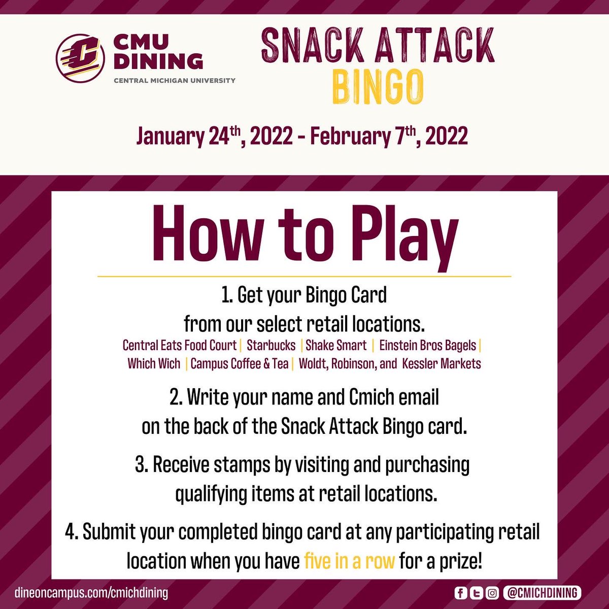 cmichdining's tweet photo. Explore amazing CMU Dining options and take home a prize? ๐ค I think yes! Nena wants you to visit her at Central Eats to pick-up your Snack Attack Bingo card and get started exploring! ๐งญ๐๐ฎ๐ช๐โ๏ธ
Swipe to see participating details!
#cmudining
#retailbingo https://t.co/QGDcVmv81l