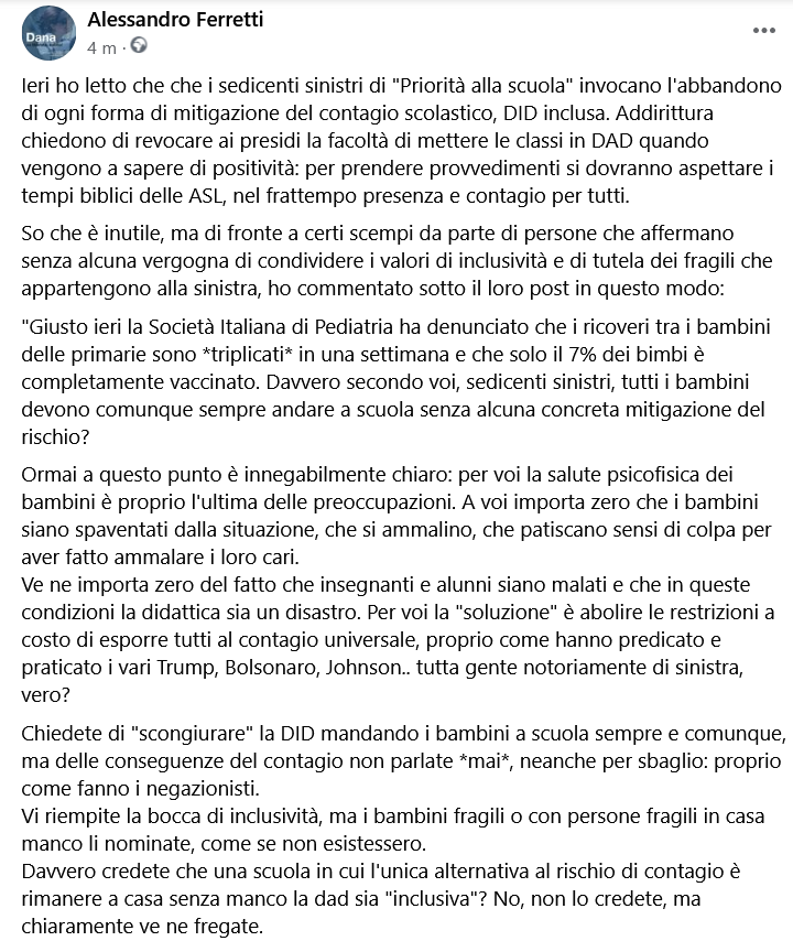 Ale_x_Ferretti's tweet photo. Nello stesso giorno in cui i pediatri italiani denunciano che i ricoveri dei bambini delle primarie sono *triplicati* nel giro di una settimana, i sedicenti sinistri di "Priorità alla scuola" chiedono di rimuovere ogni ostacolo al contagio nelle scuole. Ecco cosa penso di loro. https://t.co/RylzZwL40q