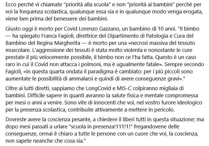 Ale_x_Ferretti's tweet photo. Nello stesso giorno in cui i pediatri italiani denunciano che i ricoveri dei bambini delle primarie sono *triplicati* nel giro di una settimana, i sedicenti sinistri di "Priorità alla scuola" chiedono di rimuovere ogni ostacolo al contagio nelle scuole. Ecco cosa penso di loro. https://t.co/RylzZwL40q