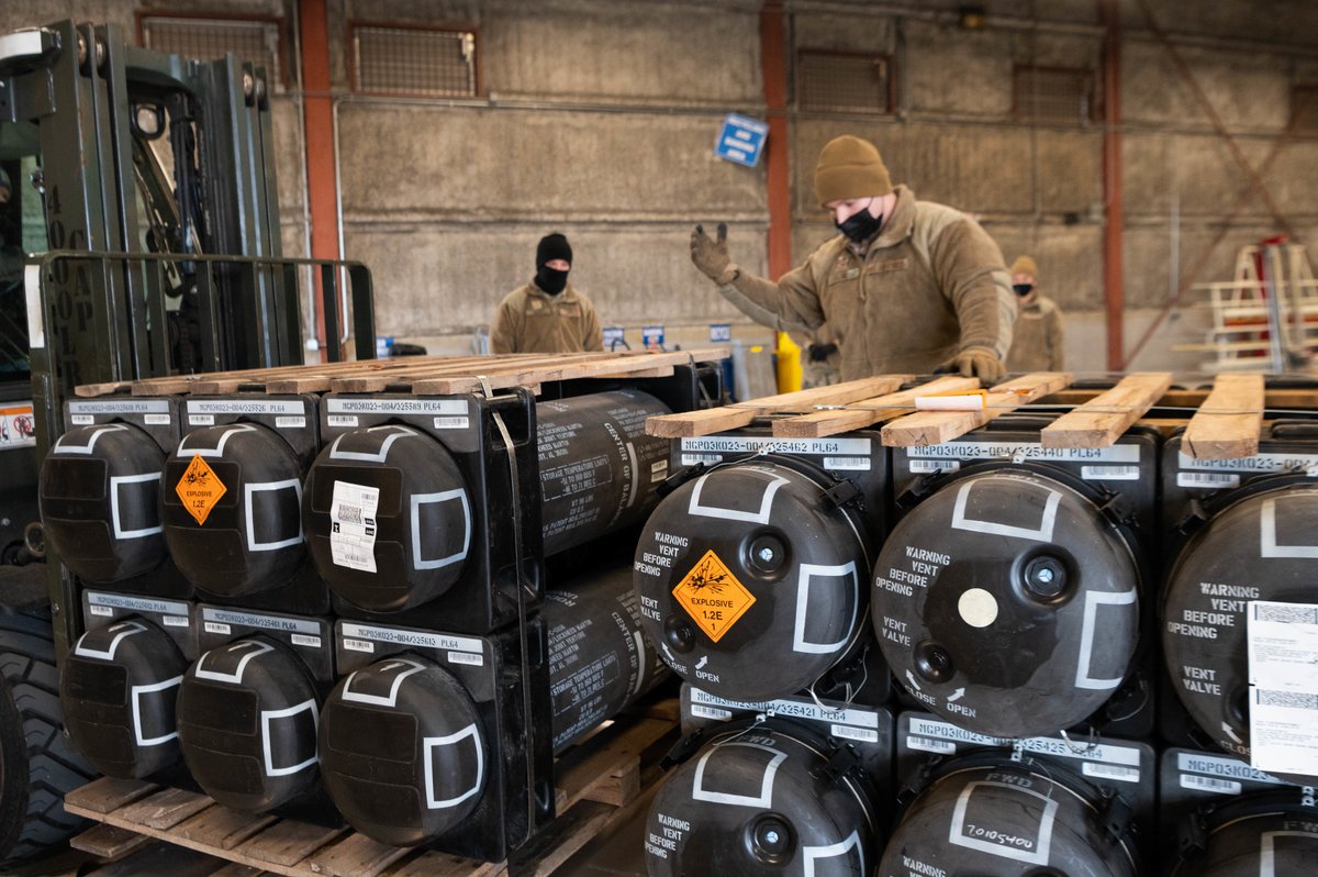 DeptofWar's tweet image. .@usairforce airmen and civilians from the 436th Aerial Port Squadron prepare cargo in support of Ukraine at Dover Air Force Base, Del.