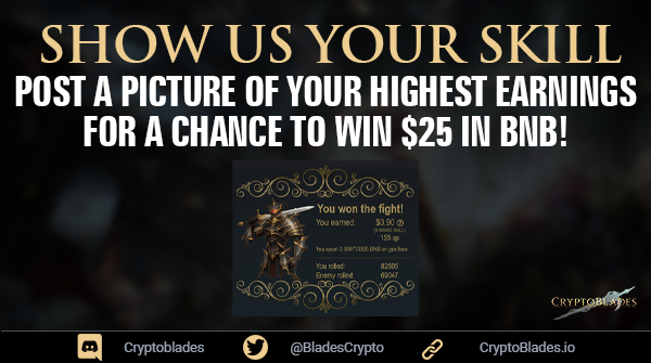 CryptoBlades's tweet photo. 🔥Show Us Your SKILL🔥

⚔️How many enemies have you slain today? Retweet, like, and comment with a picture of your highest earnings and we'll pick 3 lucky CryptoBladers to win $25 BNB!

👊Fight and Earn NOW!
https://t.co/qNw8bf6LaF

#CryptoBlades #Crypto #SKILL #KING #PlayToEarn https://t.co/e7A3yXeWBm