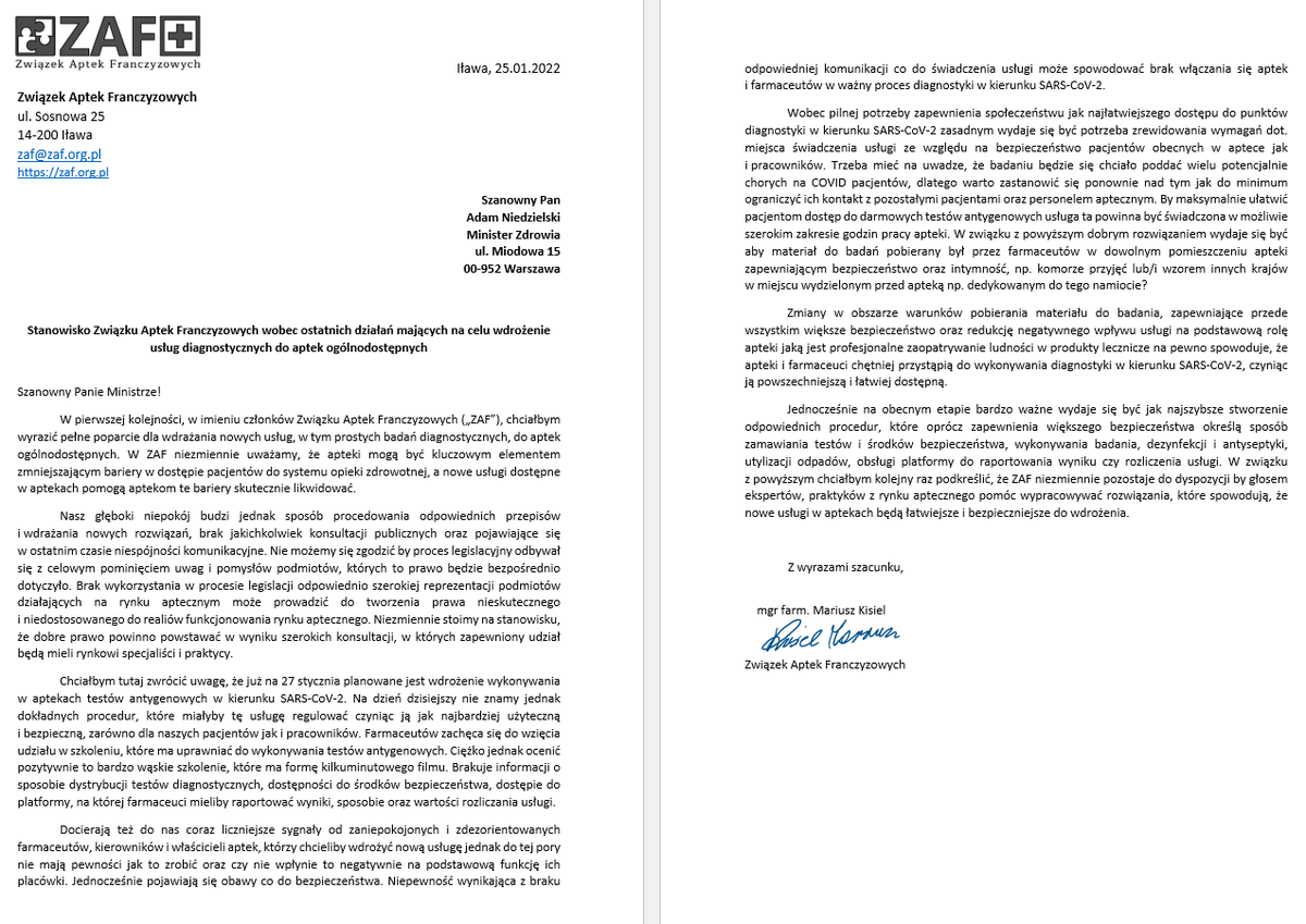 ZwiazekF's tweet photo. Apteki borykają się z brakiem informacji dot. usługi, która ma być wdrożona już 27. stycznia. Jednocześnie pojawia się obawa o bezpieczeństwo i wpływ na podstawową rolę apteki. Grozi to niskim udziałem aptek w diagnostyce w kierunku COVID. @MZ_GOV_PL @a_niedzielski @MorawieckiM https://t.co/1P0C86Mu5b