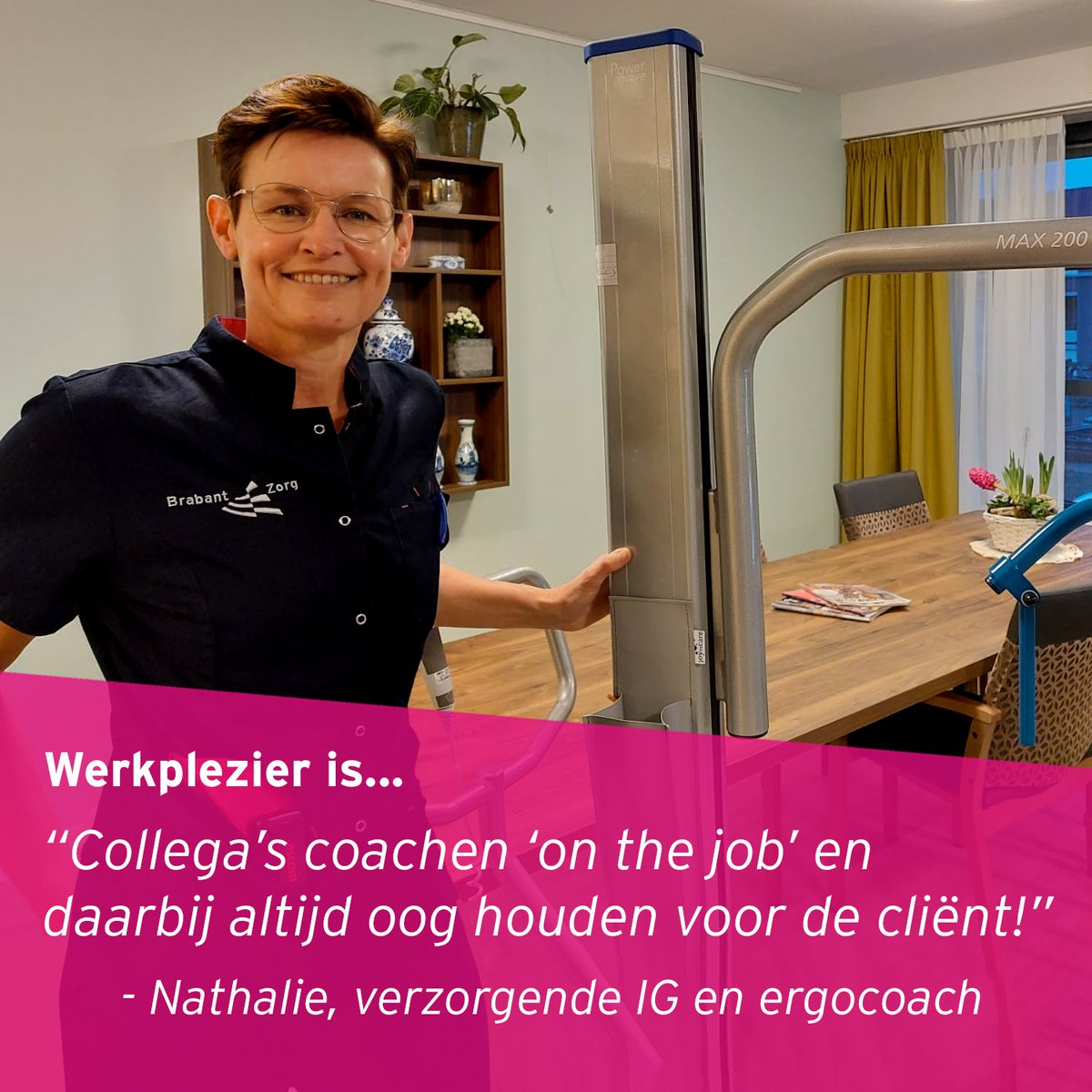 Vandaag is het "De dag van het werkplezier in de zorg". Nathalie werkt als verzorgende IG en als ergocoach. Ze vertelt: "Voor mij is werkplezier dat ik zowel een bijdrage kan leveren aan cliënten als aan collega’s! #odeaandezorg #dagvanhetwerkplezierindezorg
