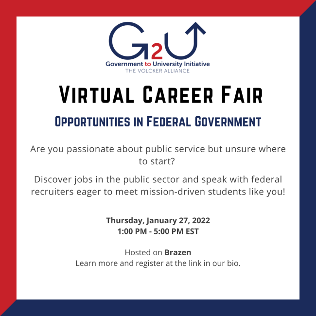 Interested working in #FederalGovernment? 

G2U is hosting a #VirtualCareerFair, happening THIS THURSDAY! This is an awesome opportunity to gain fantastic knowledge! 🧐🗂🖋

For more information or to register, please visit: conta.cc/3nT4jio