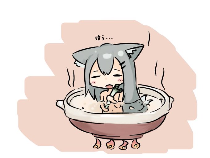 長ネギを抱っこして鍋で温まるやつでちゃんの絵です 