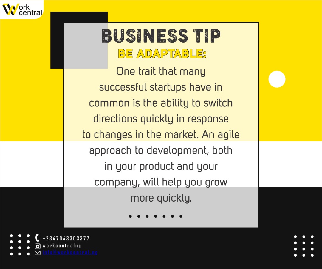 workcentralng's tweet photo. By allowing yourself to adapt and change quickly, you're able to test different approaches to business and find out what works. It allows you to fail, pick yourself back up and keep going.
#workcentral #workcentrallagos #coworking #coworkingcommunity https://t.co/hjAqbcfMnw