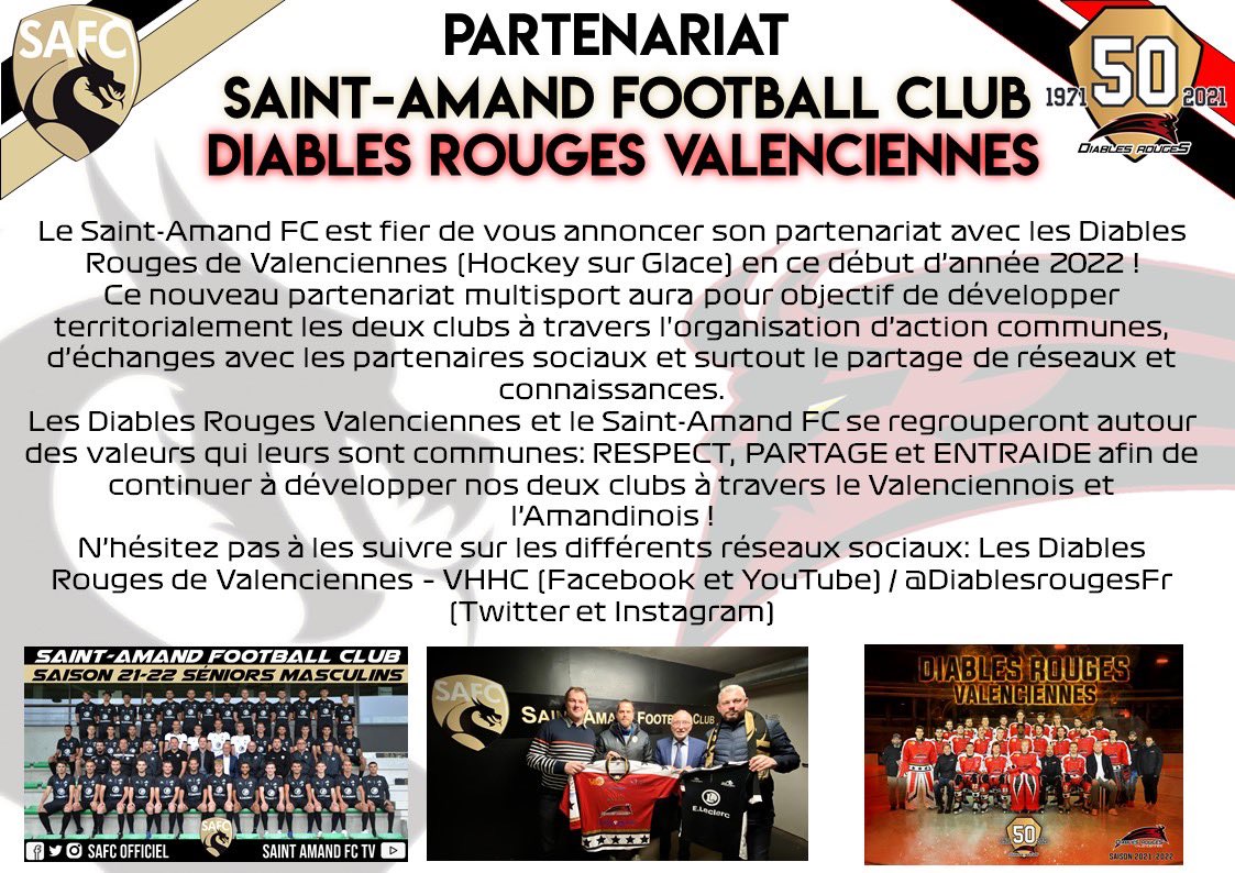 PARTENARIAT
Le SAFC est fier de nous annoncer aujourd’hui son partenariat avec les <a href="/DiablesrougesFr/">Les Diables Rouges de Valenciennes - VHHC</a> ! Tous les détails de ce dernier dans le communiqué ci-dessous