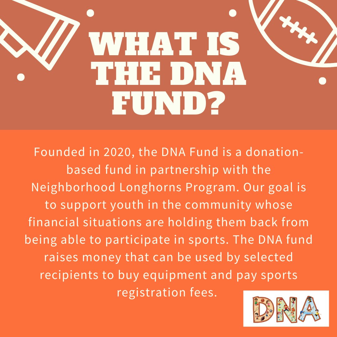 TexasSAAC's tweet image. Hey Longhorns! The DNA Fund is back! Last year we raised over $20,000 for kids in our community. Swipe to learn more about what the DNA Fund is and how you can get involved this year! 1/2