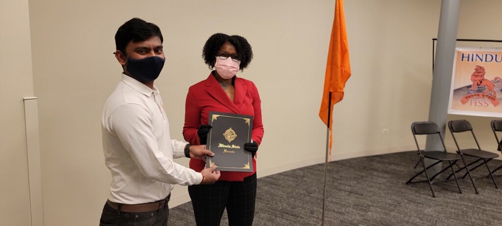 SenALJohnson's tweet photo. I presented a Senate Proclamation to the Hindu Swayamsevak Sangh group at the Buffalo Grove Community Center in recognition of their 16th Annual Health for Humanity Yogathon. I enjoyed watching a session and learning about the benefits of incorporating yoga into my daily routine. https://t.co/zSVCTugAUt