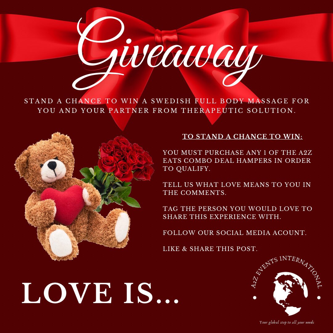 A2Z_Events_Int's tweet photo. What does Love mean to you?
Complete this sentence.
Love is… 
To stand a chance to win 🏆 

 #a2zeats #a2zeventsinternational #treatyourself #valentines #gifting #justthetwoofus #love #hampers https://t.co/tM124xQilv