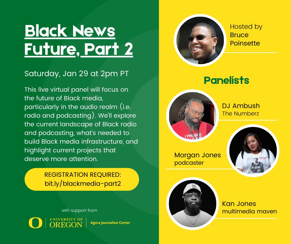 Join us this Saturday, 1/29, at 2pm PT for a live virtual panel on the future of Black media. <a href="/brucepoinsette/">Bruce Poinsette</a> leads the conversation with special guests from @thenumberzfm, Portland's only Black radio station. Register: bit.ly/blackmedia-par…