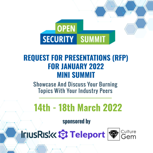opensecsummit's tweet photo. 🗣️We are excited to invite you to present at the Open Security Summit, March 2022 edition.

We are looking for experts with burning ideas for an open-source project, research or cybersecurity community-related topics.

Submit Now: https://t.co/EXbyBgafBa

#OSS2022 #threatmodeling https://t.co/TQCnsvLaMW