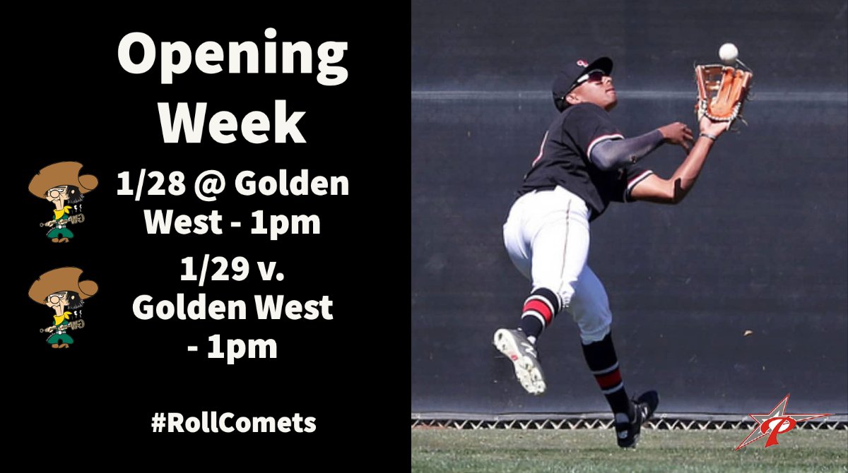 Palomar College Baseball (@palomarbaseball) on Twitter photo Opening Day for the #Comets is this Friday against <a href="/RustlerBaseball/">Golden West Baseball</a>!
Fri. - <a href="/RustlerBaseball/">Golden West Baseball</a>
📍- Huntington Beach, CA
⏰ - 1pm
Sat. - <a href="/RustlerBaseball/">Golden West Baseball</a>
📍- San Marcos, CA (First game at Palomar in 685 days!)
⏰- 1pm
Come out and support the boys!
#RollComets Opening Day for the #Comets is this Friday against <a href="/RustlerBaseball/">Golden West Baseball</a>!
Fri. - <a href="/RustlerBaseball/">Golden West Baseball</a>
📍- Huntington Beach, CA
⏰ - 1pm
Sat. - <a href="/RustlerBaseball/">Golden West Baseball</a>
📍- San Marcos, CA (First game at Palomar in 685 days!)
⏰- 1pm
Come out and support the boys!
#RollComets