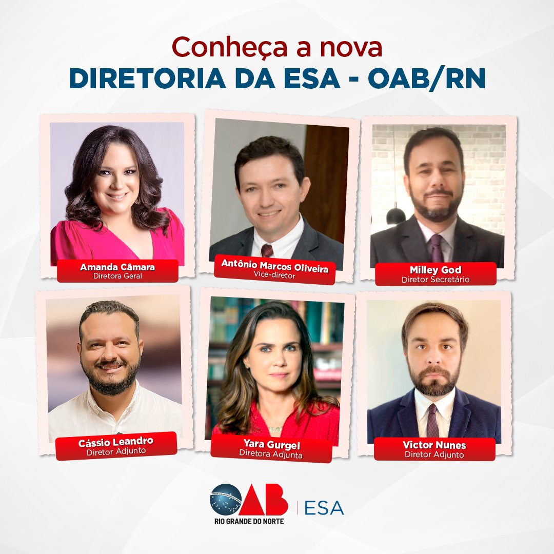 OABRN's tweet photo. 🔎 Conheça a composição da nova diretoria que estará à frente da ESA - OAB/RN durante o triênio 2022/2024.
Não deixem de aproveitar as ações que serão promovidas pela ESA durante os próximos anos! 🙌
#OABRN #Advocacia #ESARN #formação https://t.co/JtSdCDluTu