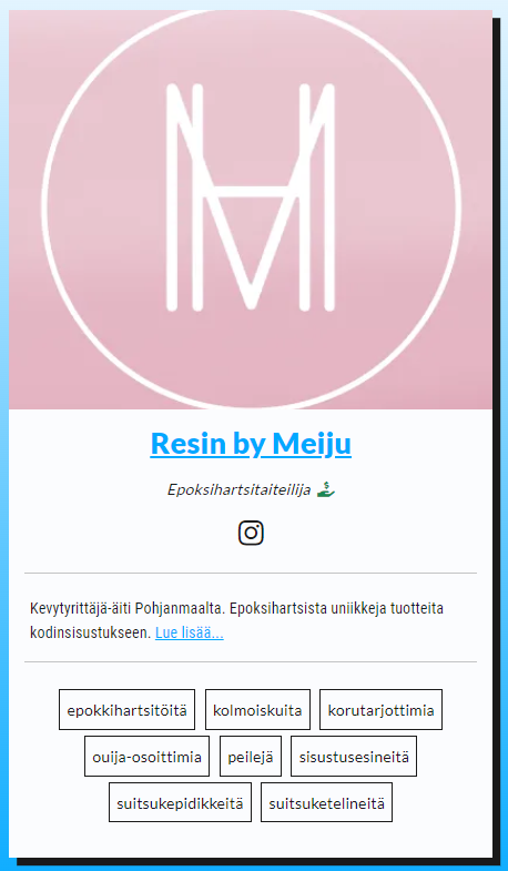 taidekuja's tweet photo. Esittelyssä: Resin by Meiju
Epoksihartsitaiteilija

Olen kevytyrittäjä-äiti Etelä-Pohjanmaalta ja teen laadukkaasta epoksihartsista tuotteita kodinsisustukseen. Kaikki tuotteet ovat uniikkeja, toista samanlaista ei koskaan tule vastaan.

https://t.co/Uv2q28zNmV https://t.co/HOs39TQRXk
