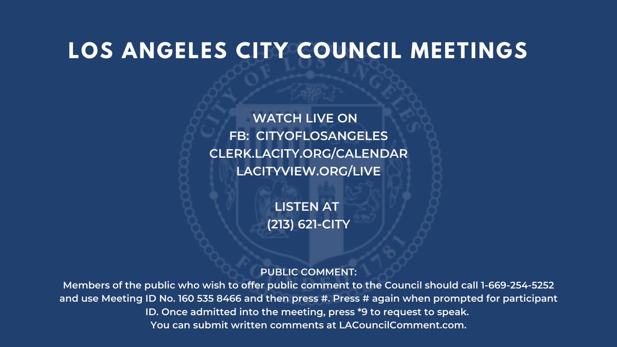 LACity's tweet photo. You can watch your @LACityCouncil session starting at 10 AM.

Tune in to: https://t.co/ctJrkB3vqN
Facebook: https://t.co/jPjkrI7fVm
Website: https://t.co/AjspTBKm6h

Let your voice be heard. Submit written comments at: https://t.co/8sO7tNc9KR or call in. https://t.co/B3tUuSv2SG