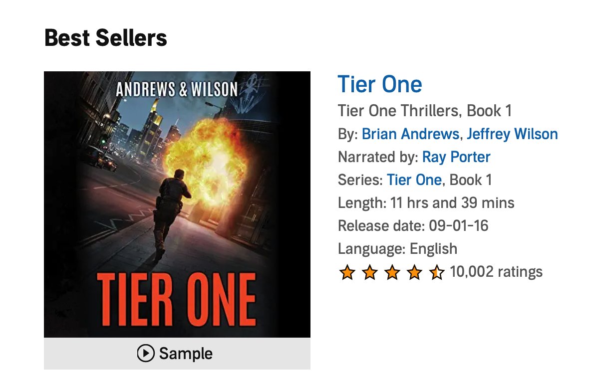 BAndrewsJWilson's tweet photo. Today marks a big professional #milestone for us. TIER ONE crossed 10K ratings on #Audible 🚀

Thank you @Ray__Porter &amp; @audible_com for making #TierOne one of the most successful #military #thriller series in audio today!👊 

@BlackstoneAudio @thrillerwriters @BestThrillBooks https://t.co/hylyIRKkes