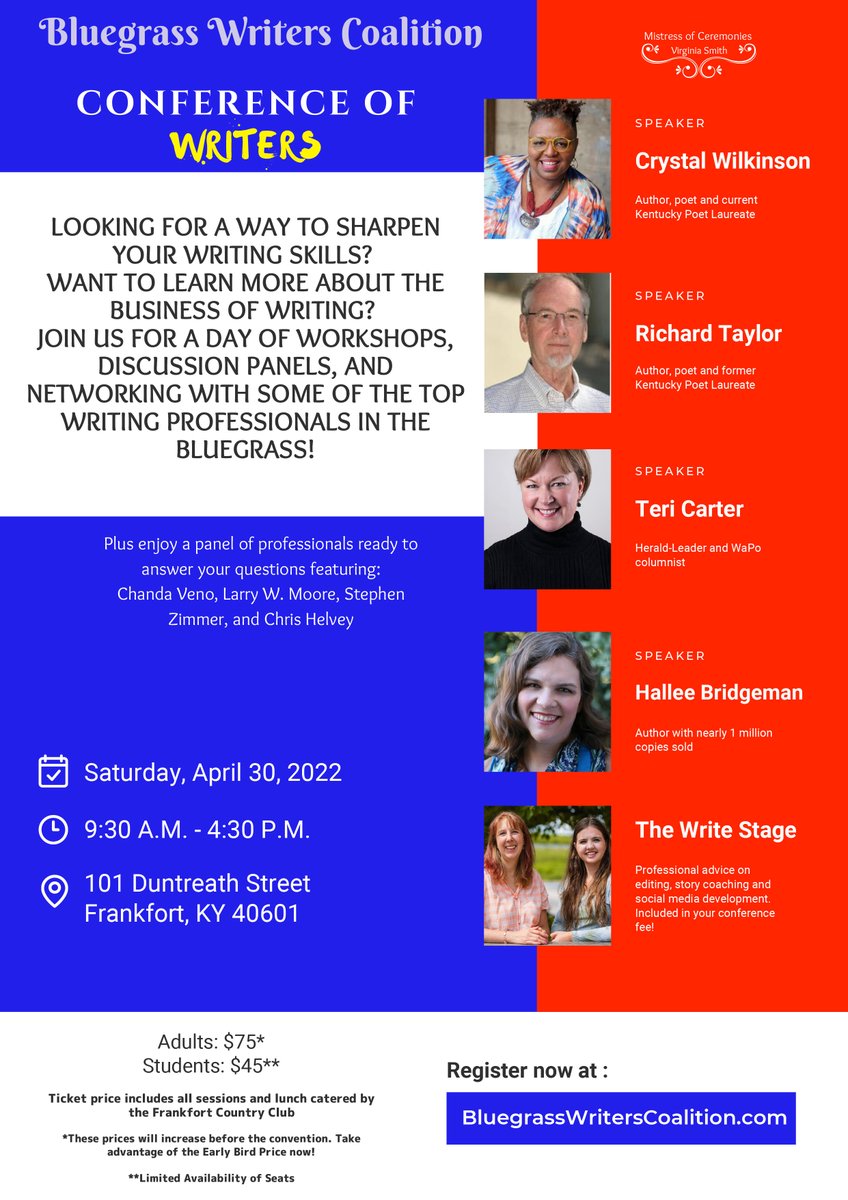 BluegrassWrite1's tweet image. Can we tell you about our Conference of Writers? Great writing professionals teaching fiction, poetry, memoir, and self-publishing. Find more at bluegrasswriterscoalition.com  #KYWritersConf