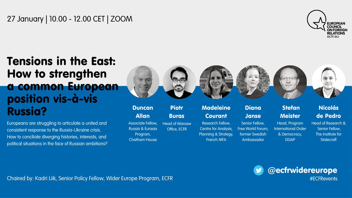 ECFR Wider Europe (@ecfrwidereurope) on Twitter photo 📢 New Webinar this Thursday, January 27 at 10.00 CET
How can Europeans forge a common response to #Russia's military build-up near #Ukraine? With views from France, Germany, Poland, Spain, Sweden and the UK. Chaired by: <a href="/KadriLiik/">Kadri Liik</a>
✍️ Register here: bit.ly/3qEu1ZM 📢 New Webinar this Thursday, January 27 at 10.00 CET
How can Europeans forge a common response to #Russia's military build-up near #Ukraine? With views from France, Germany, Poland, Spain, Sweden and the UK. Chaired by: <a href="/KadriLiik/">Kadri Liik</a>
✍️ Register here: bit.ly/3qEu1ZM