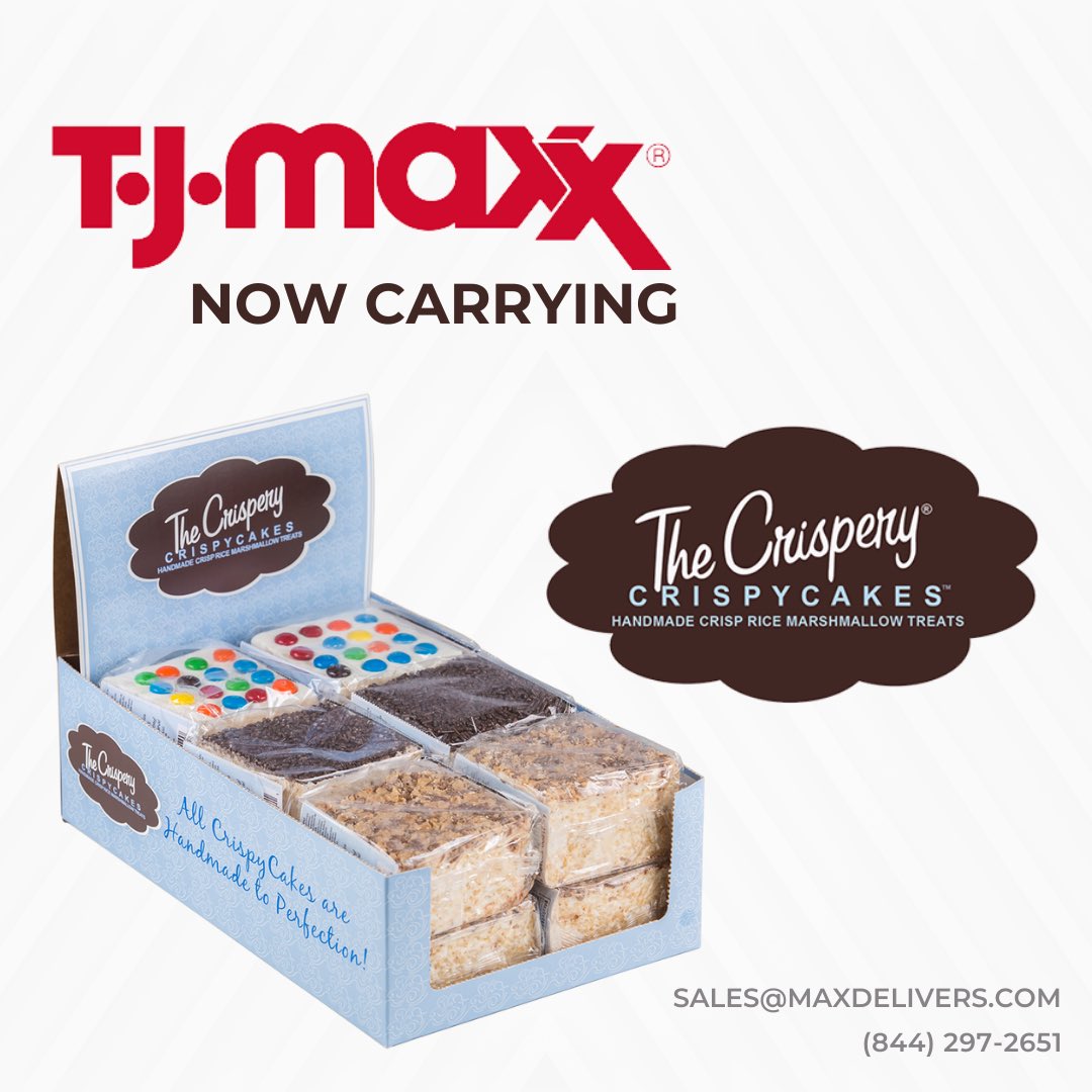 MaxDistributing's tweet image. We are thrilled to announce another successful partnership between @tjmaxx and @thecrispery ! 

The Crispery Crispycakes are all handmade in small batches and hand cut. Always soft and gooey, never hard and sticky.

Sales@maxdelivers.com
(844) 297-2651