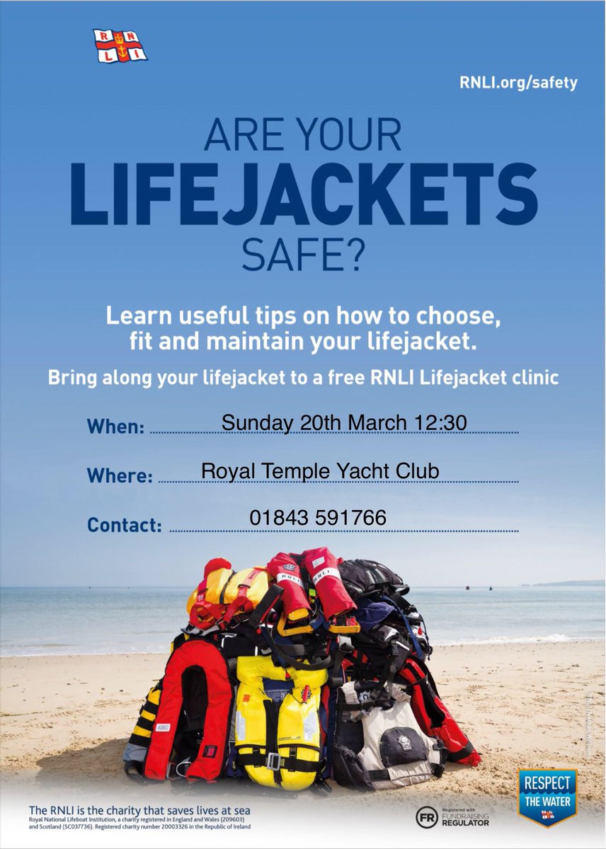 One for your diaries. Our next lifejacket clinic to be held at the Royal Temple Yach Club, Ramsgate on Sunday, the 20th of March at 12:30.  Come and get your lifejackets checked…. It’s a free service we provide! #rnli #thanet #lifejacket #seasafety