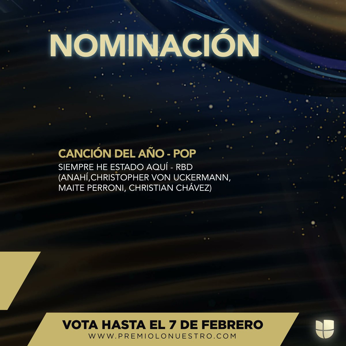 RBD_oficial's tweet photo. ¡Qué gran noticia! 🤩
¡"Siempre He Estado Aquí" está nominada en @premiolonuestro como Canción del Año Pop!

Recuerda que puedes votar aquí: https://t.co/4WMczOHma6
¡Gracias por su apoyo! 🥰
#PremioLoNuestro https://t.co/YYj4wbyCrS