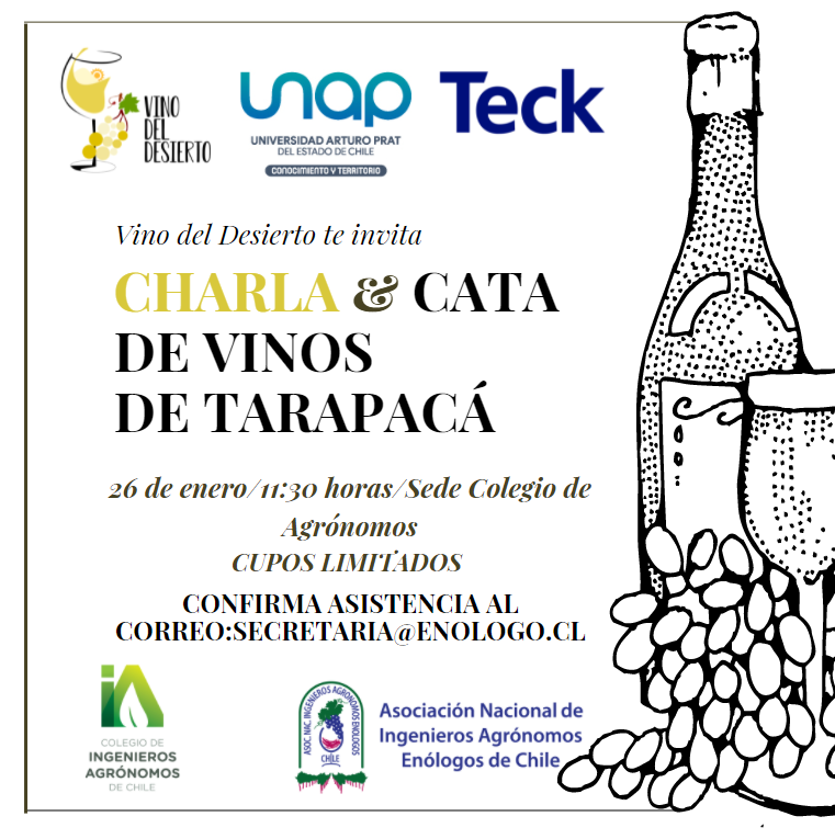 La Universidad Arturo Prat, invita a nuestros asociados a participar de esta interesante actividad, donde se da espacio para el rescate de nuevas #zonas #vitivinícolas. Inscripciones a secretaria@enologo.cl ¡Apúrate, cupos limitados!

 #Degustación #VinodelDesierto #ANIAE