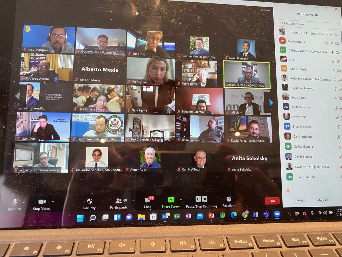SmartBorderSDTJ's tweet photo. Our 1st stakeholders meeting of ‘22 was 91 strong! @sdut on Border news; Consul Reott on @CALIBAJA experience; @redspira’s Alberto Mexia on Mexicali air quality, Mayor Ofir Libstein on Erez-Gaza border & Admicarga’s Carlos Tames on binational rail. Thx!! https://t.co/IXDiKDCAH1