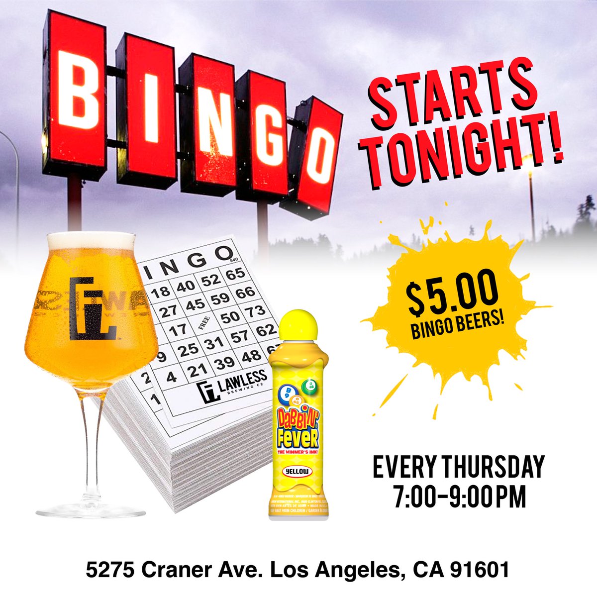 Who’s ready for BINGO?!! ⚪️🍻⚪️
Starting tonight, every Thursday is Bingo night at Lawless! We’ll supply the cards, the markers, and of course, the beer. It’s free to play, and the winner of each round gets a FREE BEER!!!

🗓 7-9pm tonight, and every Thursday!