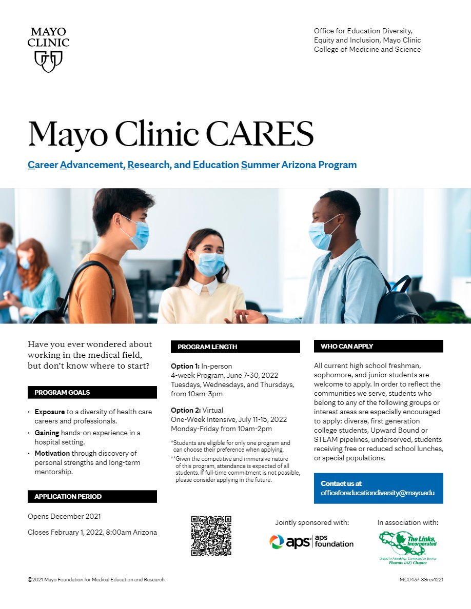 YAchieversaz's tweet photo. Hey everyone, here is an awesome opportunity brought to you by the Mayo Clinic for High Schoolers interested in the medical field! Below is a flyer with more details!

#YouthCareer #yachieverphx #workforcedevelopment #mayoclinic https://t.co/iPImBvzKvd