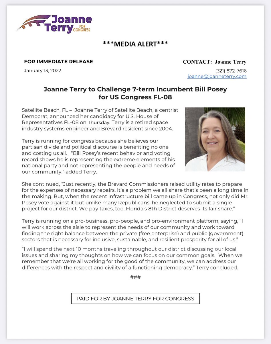 Joanne4Florida's tweet photo. Itβs Official!
The Joanne Terry for Congress campaign is excited to announce that Joanne Terry, a centrist Democrat, is challenging 7-term incumbent, Bill Posey, for US Congressional Seat FL-08.
Letβs Focus on Our Common Goals and Bridge Our Divide! https://t.co/FzGrEzg32A