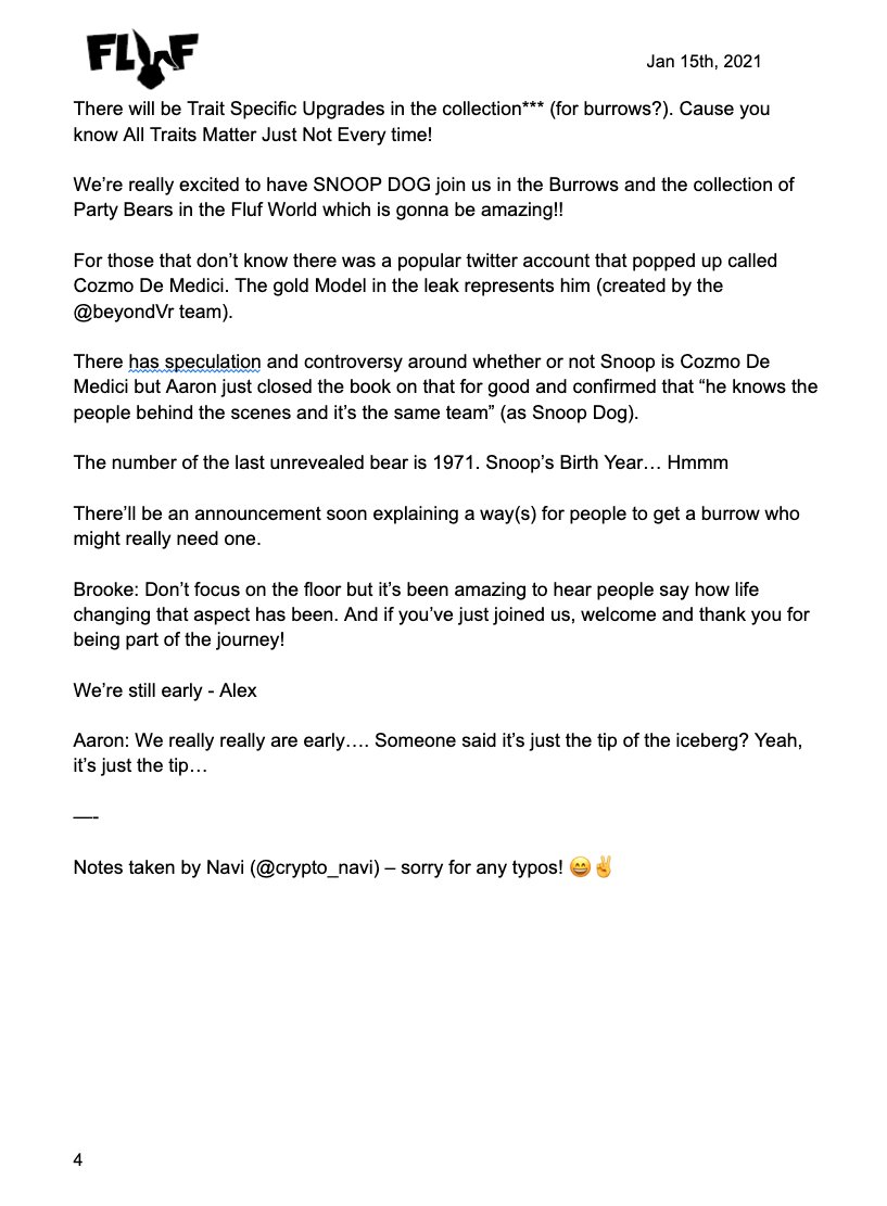 Notes from today's #FLUF World podcast 🐰

FADE  @FLUF_World AT YOUR OWN RISK 🔥

+ now it's not just speculation when we ping 
<a href="/SnoopDogg/">Snoop Dogg</a> <a href="/CozomoMedici/">Cozomo de’ Medici</a> 🚀 😘

Also join us and 
<a href="/BoredElonMusk/">BORED</a> in the spaces below! 🗣

@partybearNFT <a href="/altstatemachine/">AlteredStateMachine</a>
@EnterDao <a href="/universe_xyz/">Universe</a> #NFT 🌌